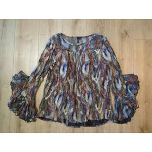 Dramatic Hippy Boho Pleated Front Mesh Collar Butterfly Sleeve Top Shirt Large